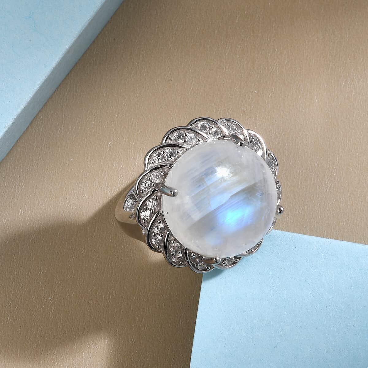 Kuisa Rainbow Moonstone and Natural White Zircon Cocktail Ring in Platinum Over Sterling Silver 15.90 ctw image number 1