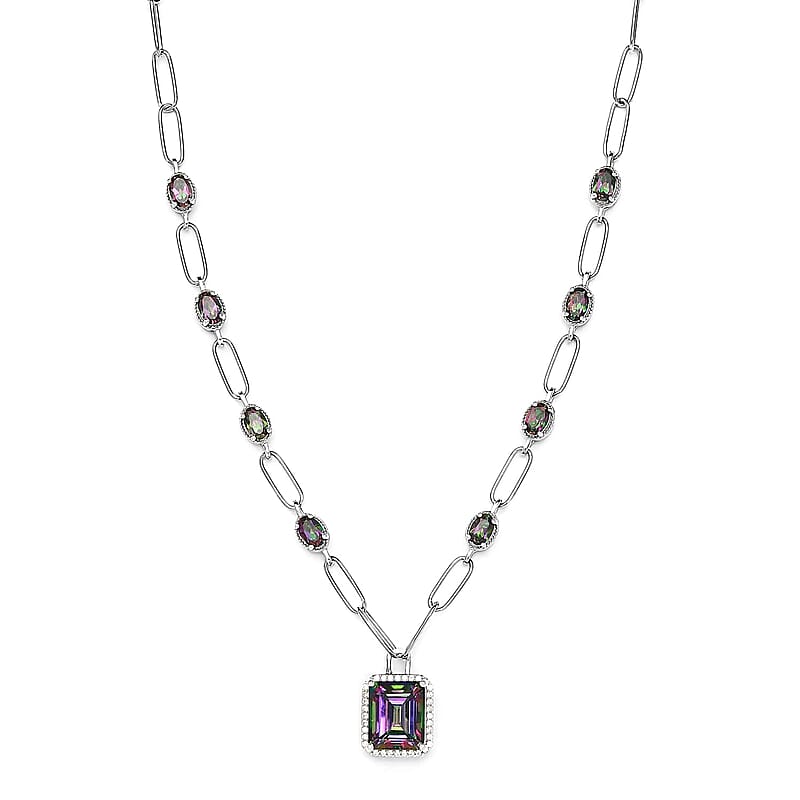 Northern Lights Mystic Topaz and White Zircon Paper Clip Station Necklace 18 Inches in Platinum Over Sterling Silver 12.10 ctw