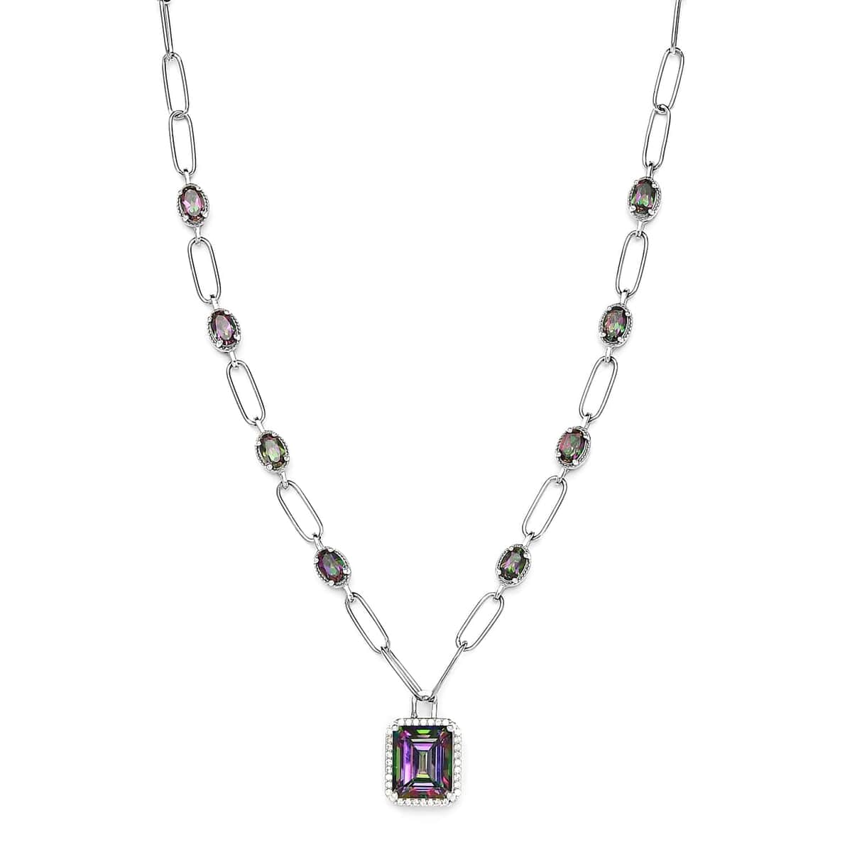 Northern Lights Mystic Topaz and White Zircon Paper Clip Station Necklace 18 Inches in Platinum Over Sterling Silver 12.10 ctw image number 0