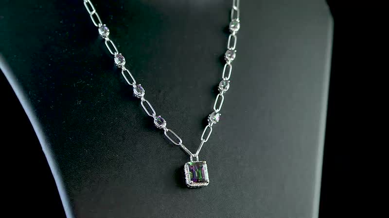 Northern Lights Mystic Topaz and White Zircon Paper Clip Station Necklace 18 Inches in Platinum Over Sterling Silver 12.10 ctw