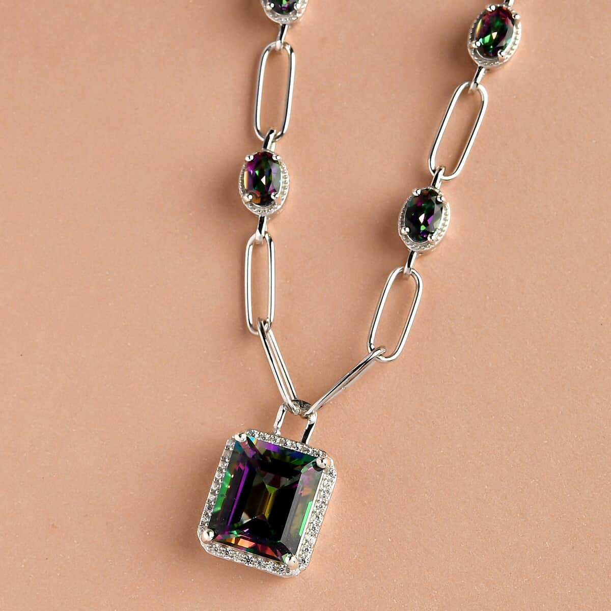 Northern Lights Mystic Topaz and White Zircon Paper Clip Station Necklace 18 Inches in Platinum Over Sterling Silver 12.10 ctw image number 1