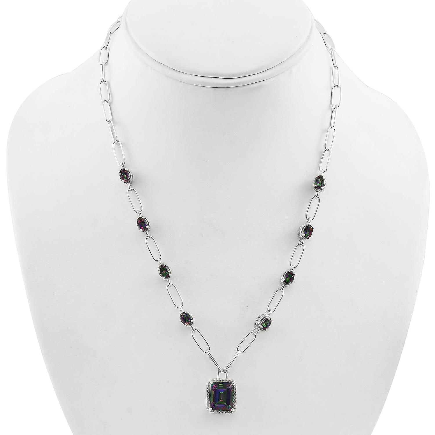 Northern Lights Mystic Topaz and White Zircon Paper Clip Station Necklace 18 Inches in Platinum Over Sterling Silver 12.10 ctw