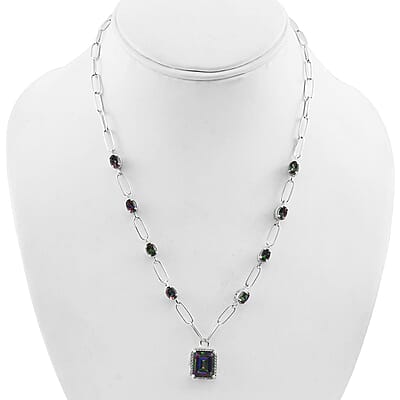 Northern Lights Mystic Topaz and White Zircon Paper Clip Station Necklace 18 Inches in Platinum Over Sterling Silver 12.10 ctw