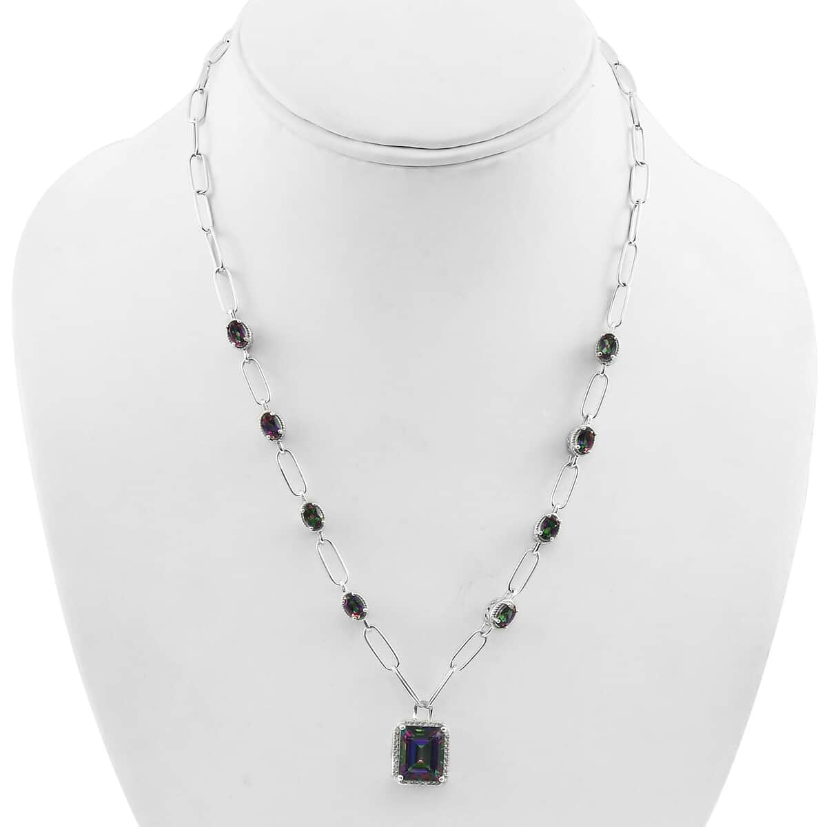 Northern Lights Mystic Topaz and White Zircon Paper Clip Station Necklace 18 Inches in Platinum Over Sterling Silver 12.10 ctw image number 2