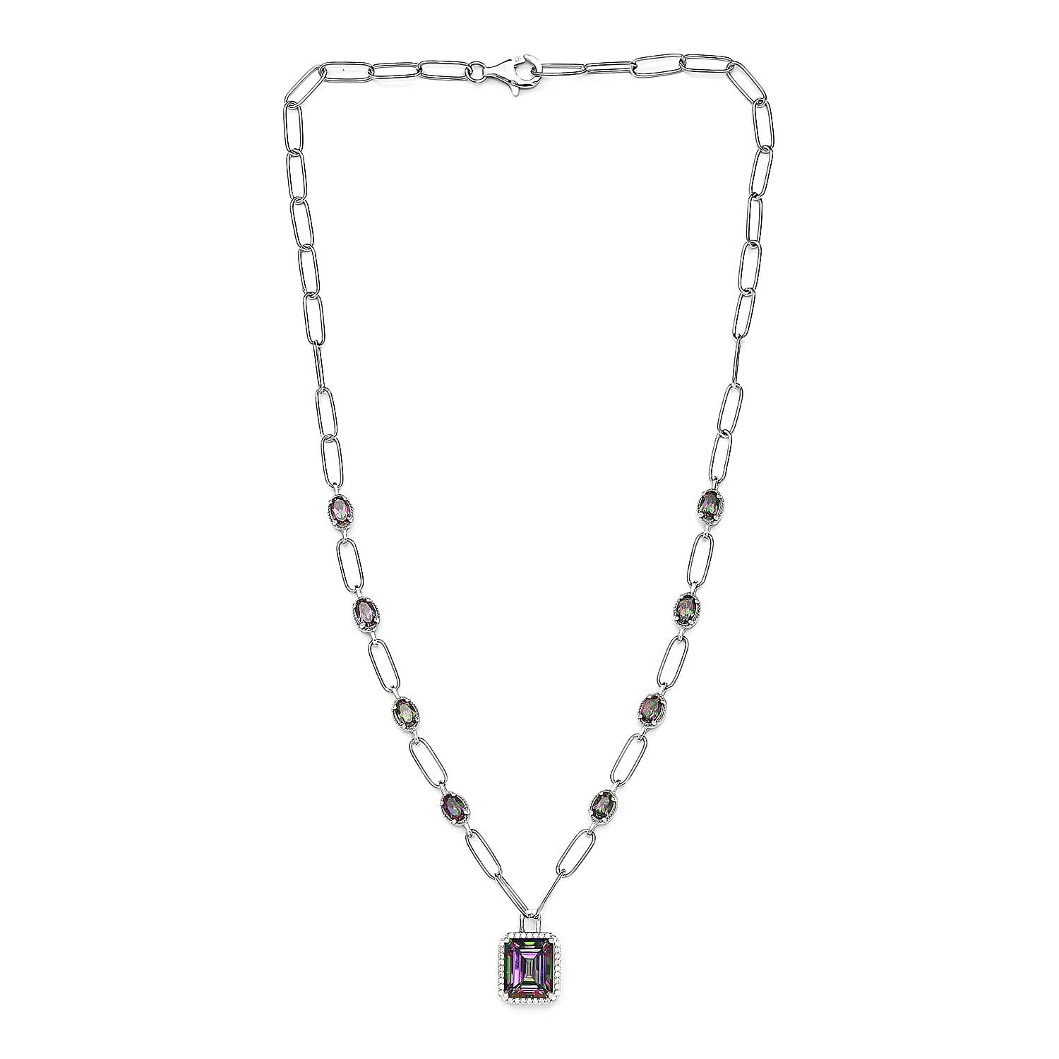 Northern Lights Mystic Topaz and White Zircon Paper Clip Station Necklace 18 Inches in Platinum Over Sterling Silver 12.10 ctw