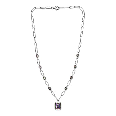 Northern Lights Mystic Topaz and White Zircon Paper Clip Station Necklace 18 Inches in Platinum Over Sterling Silver 12.10 ctw