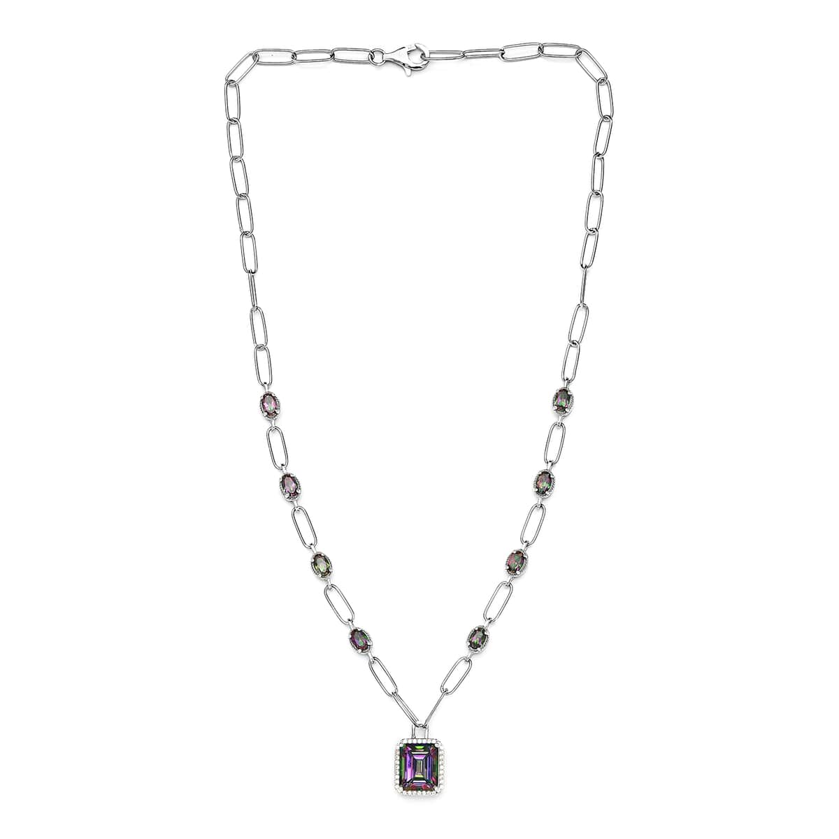 Northern Lights Mystic Topaz and White Zircon Paper Clip Station Necklace 18 Inches in Platinum Over Sterling Silver 12.10 ctw image number 3
