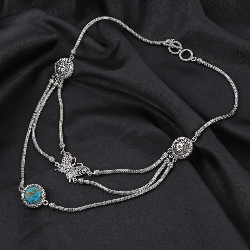 Bali Legacy Mojave Blue Turquoise Butterfly Necklace 20 Inches in Sterling Silver 9.25 ctw