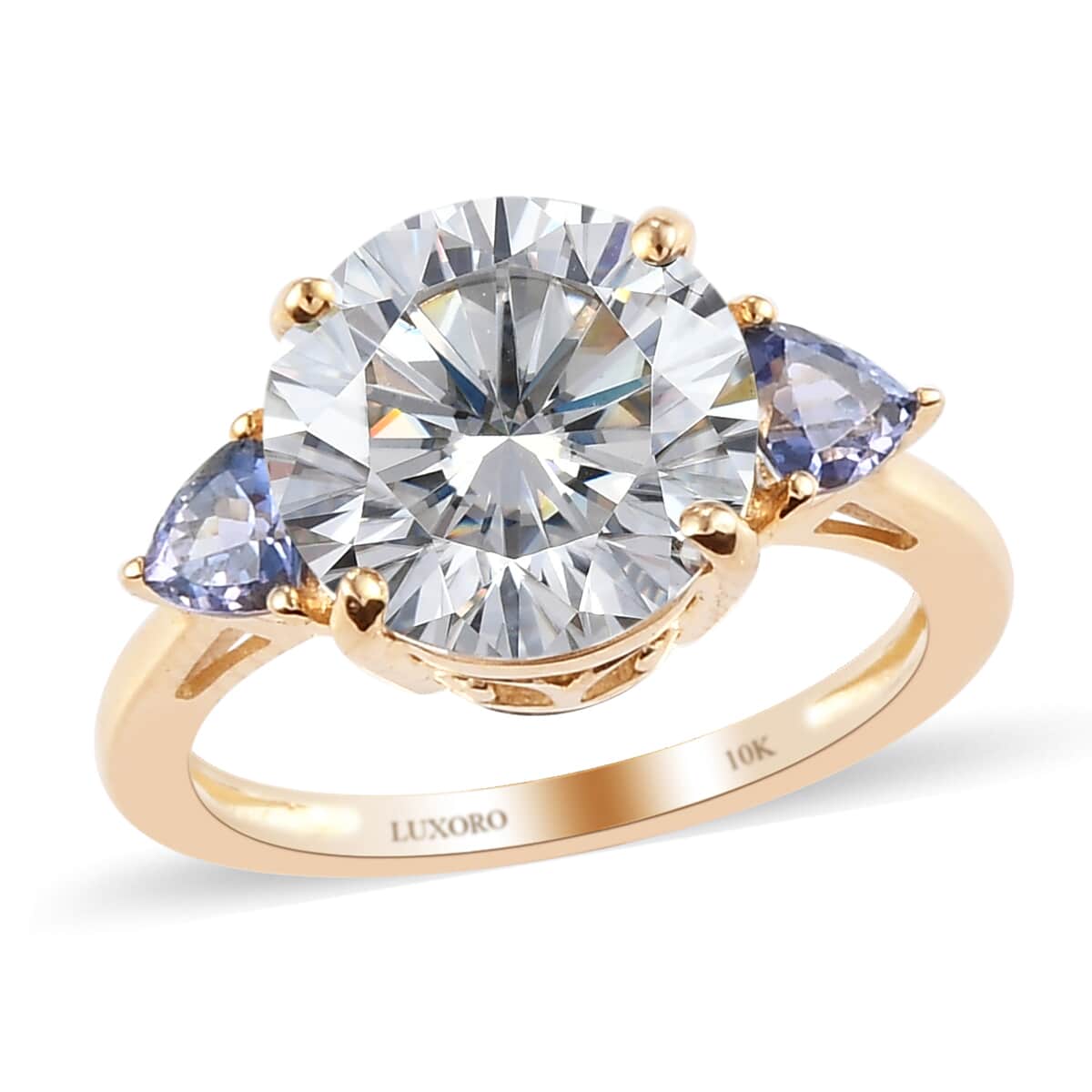 LUXORO 10K Yellow Gold Moissanite and Tanzanite 3 Stone Ring (Size 9.0) 3.50 Grams 4.30 ctw image number 0