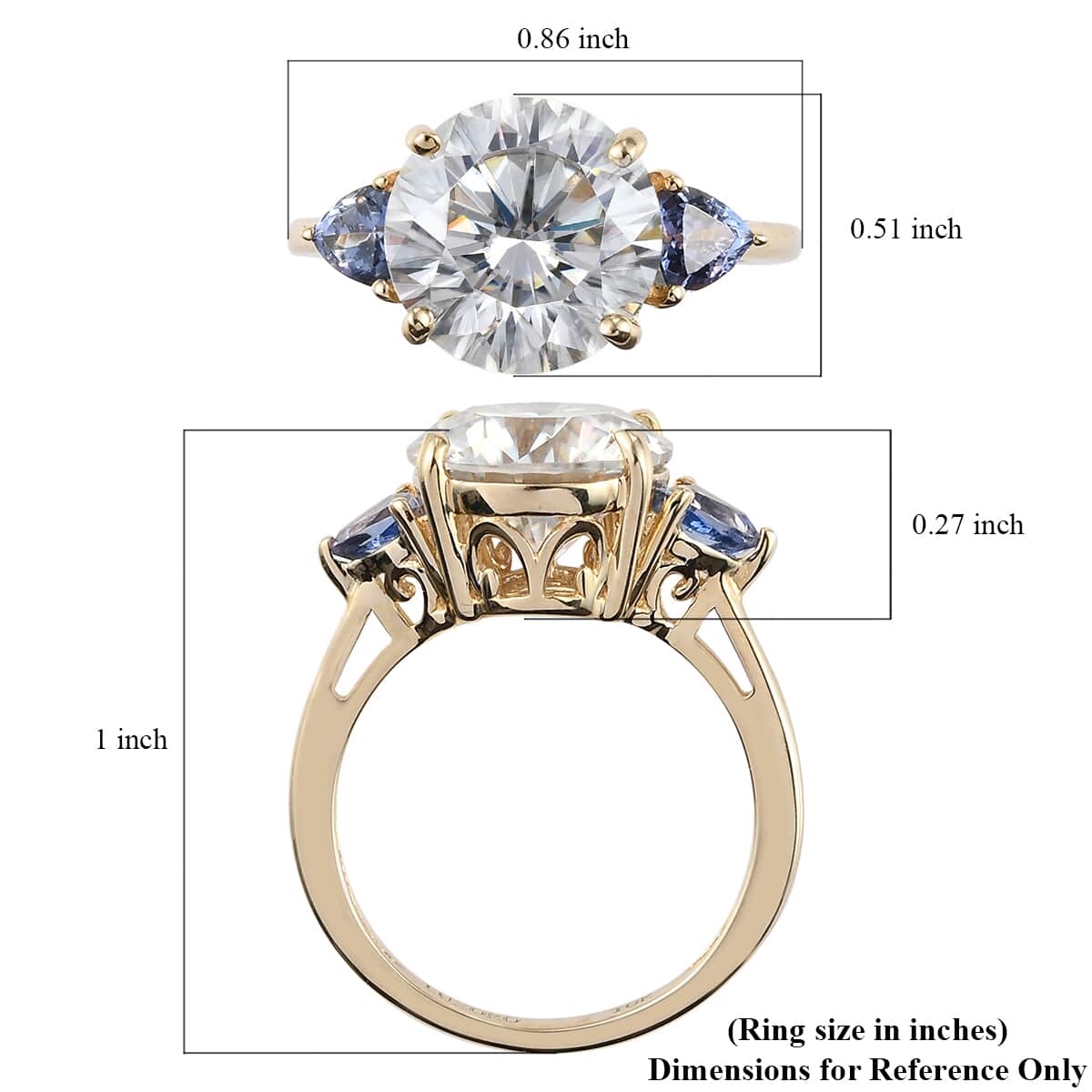 LUXORO 10K Yellow Gold Moissanite and Tanzanite 3 Stone Ring (Size 9.0) 3.50 Grams 4.30 ctw image number 5