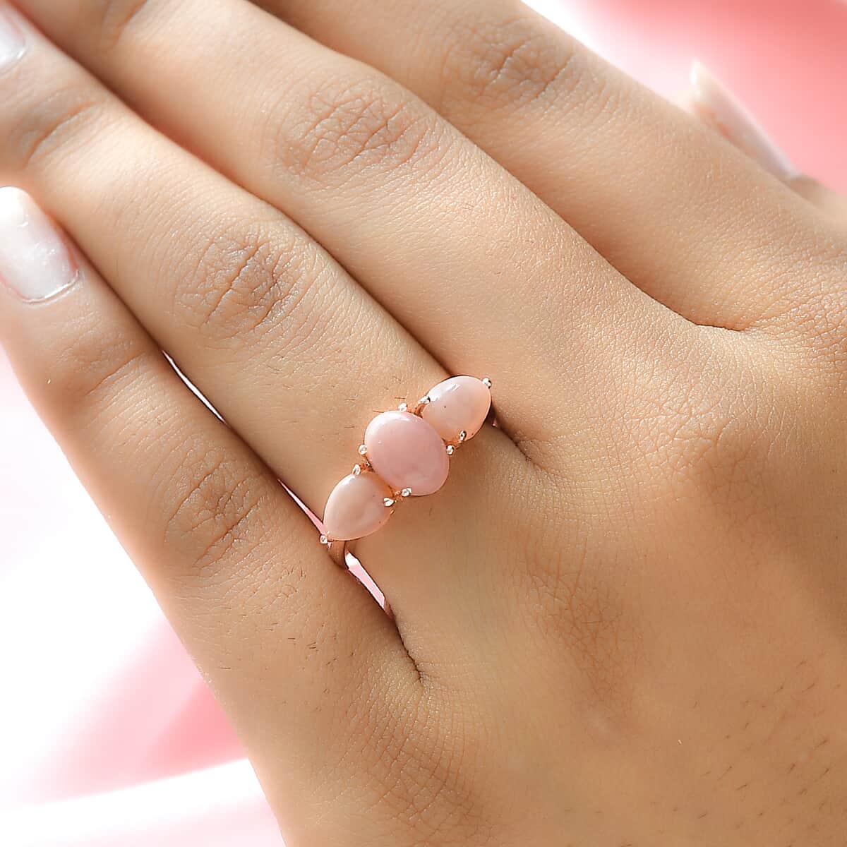 Peruvian Pink Opal 3 Stone Ring in Vermeil Rose Gold Over Sterling Silver (Size 5.0) 2.30 ctw image number 2