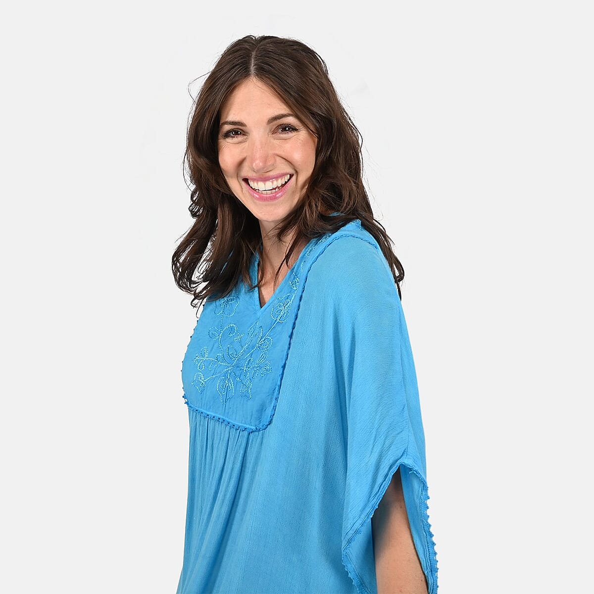 TAMSY Turquoise Embroidered V-Neck Kaftan - One Size Fits Most image number 3
