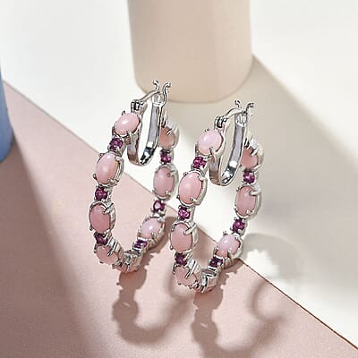 Peruvian Pink Opal and Orissa Rhodolite Garnet Inside Out Hoop Earrings in Platinum Over Sterling Silver 7.75 ctw