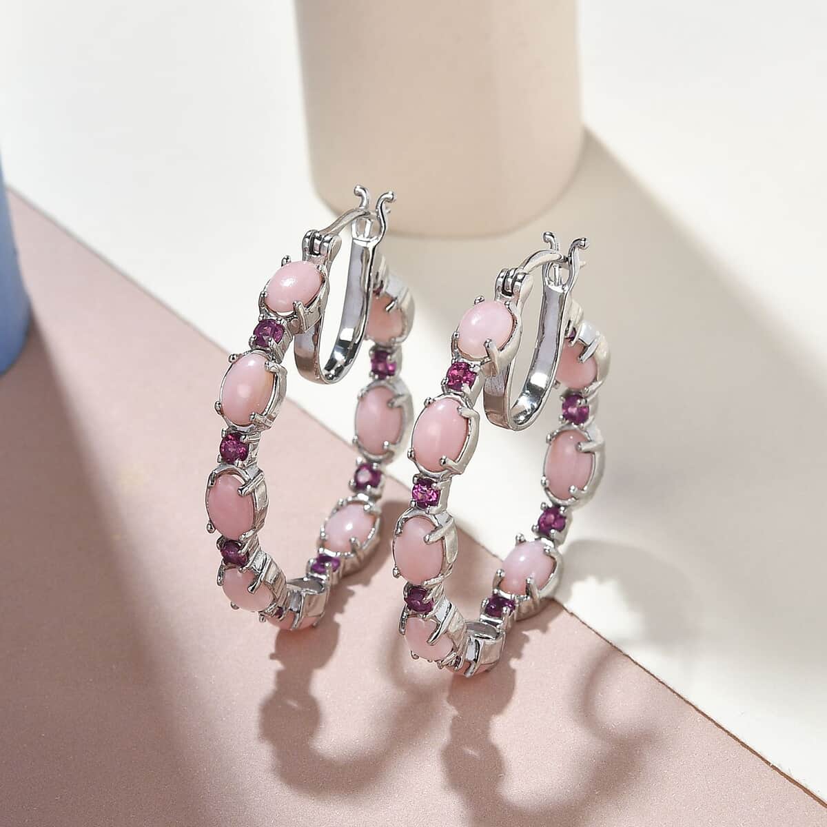 Peruvian Pink Opal and Orissa Rhodolite Garnet Inside Out Hoop Earrings in Platinum Over Sterling Silver 7.75 ctw image number 1