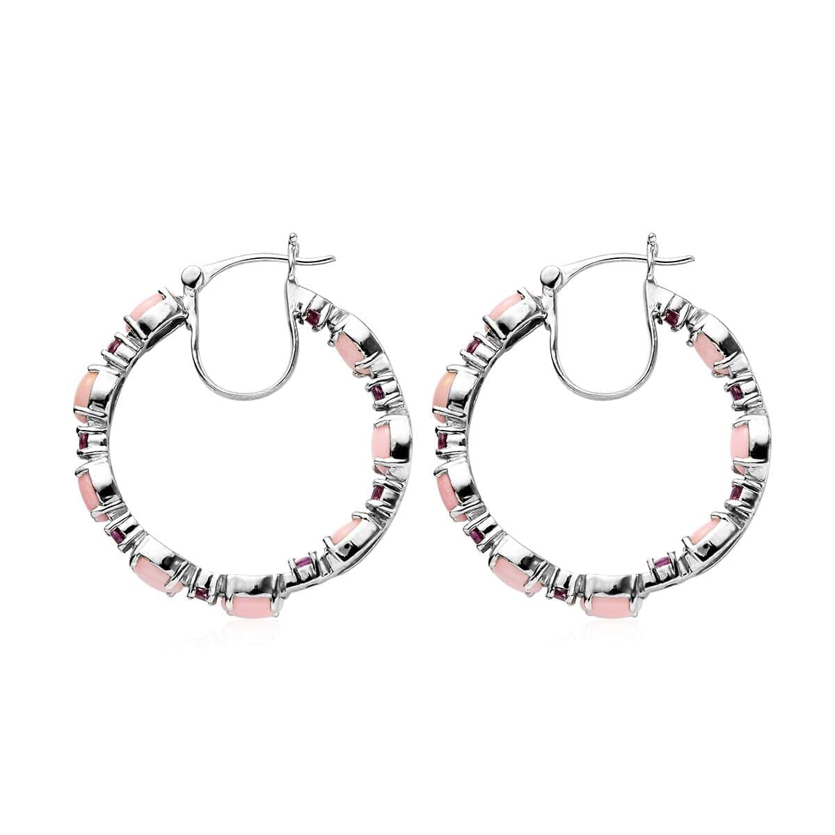 Peruvian Pink Opal and Orissa Rhodolite Garnet Inside Out Hoop Earrings in Platinum Over Sterling Silver 7.75 ctw image number 3