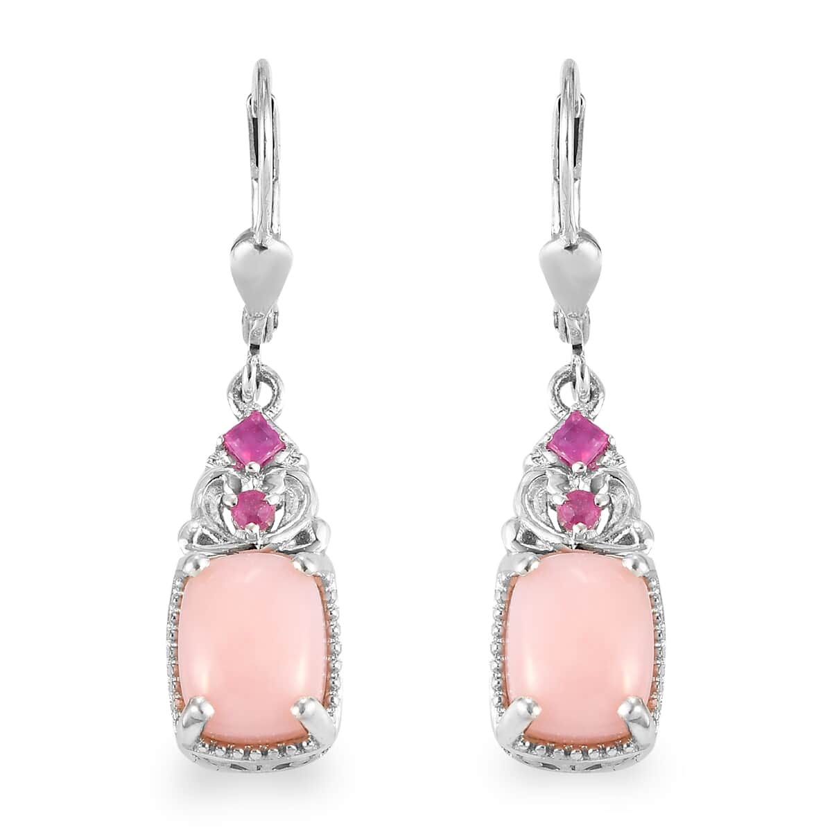 Peruvian Pink Opal and Niassa Ruby Lever Back Earrings in Platinum Over Sterling Silver 1.65 ctw image number 0