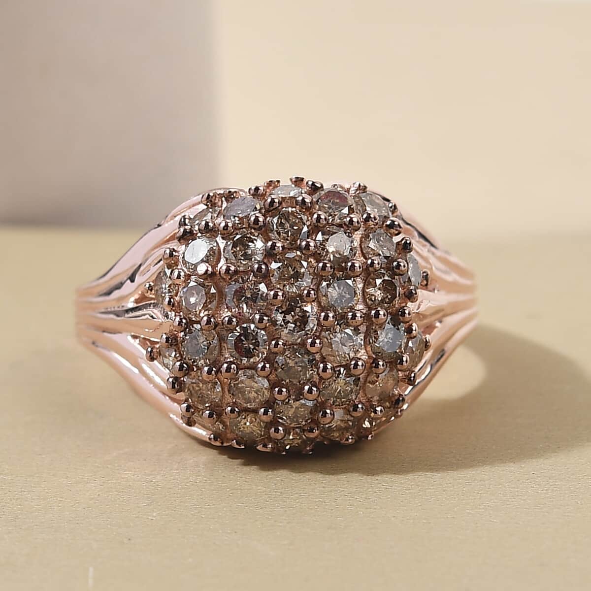 Natural Champagne Diamond Cluster Ring in Rhodium and Vermeil Rose Gold Over Sterling Silver (Size 9.0) 2.00 ctw image number 1