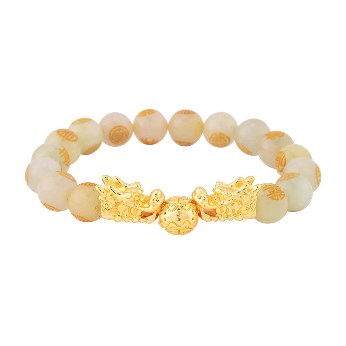 White Jade Carved Feng Shui Dragon Stretch Bracelet in Goldtone 112.00 ctw image number 0