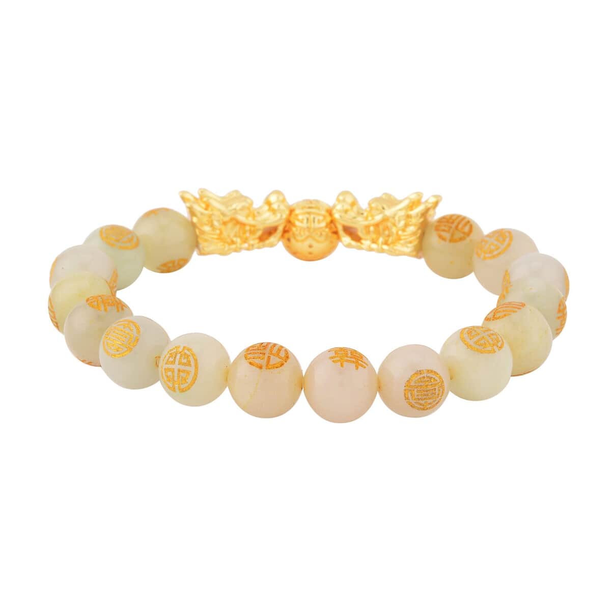 White Jade Carved Feng Shui Dragon Stretch Bracelet in Goldtone 112.00 ctw image number 2