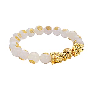 White Jade Carved Feng Shui Dragon Stretch Bracelet in Goldtone 112.00 ctw