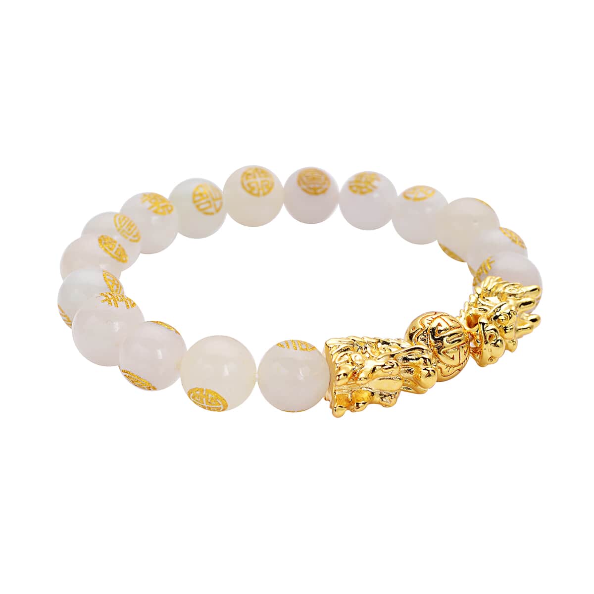 White Jade Carved Feng Shui Dragon Stretch Bracelet in Goldtone 112.00 ctw image number 3