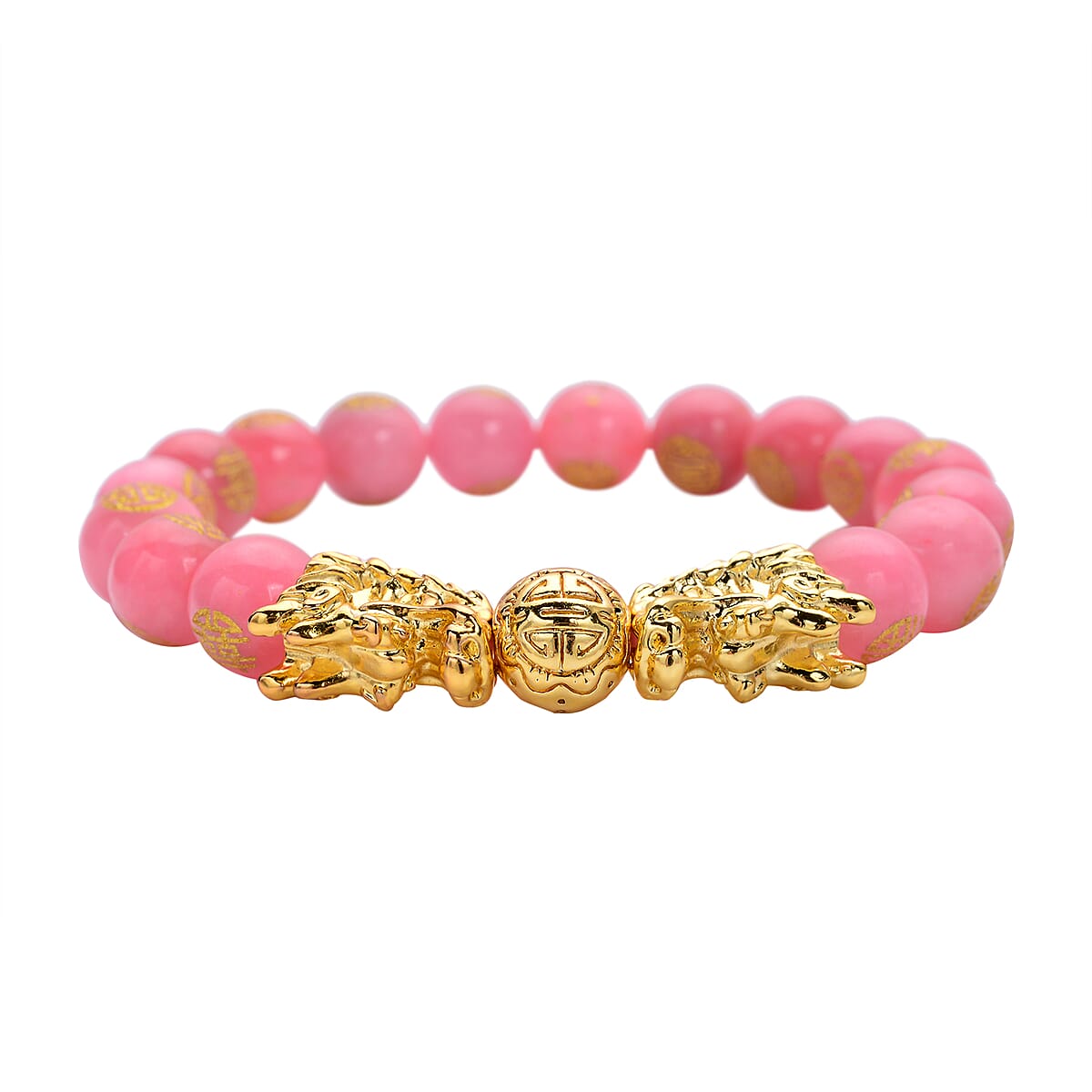 Pink Jade Carved Feng Shui Dragon Stretch Bracelet in Goldtone 112.00 ctw image number 2