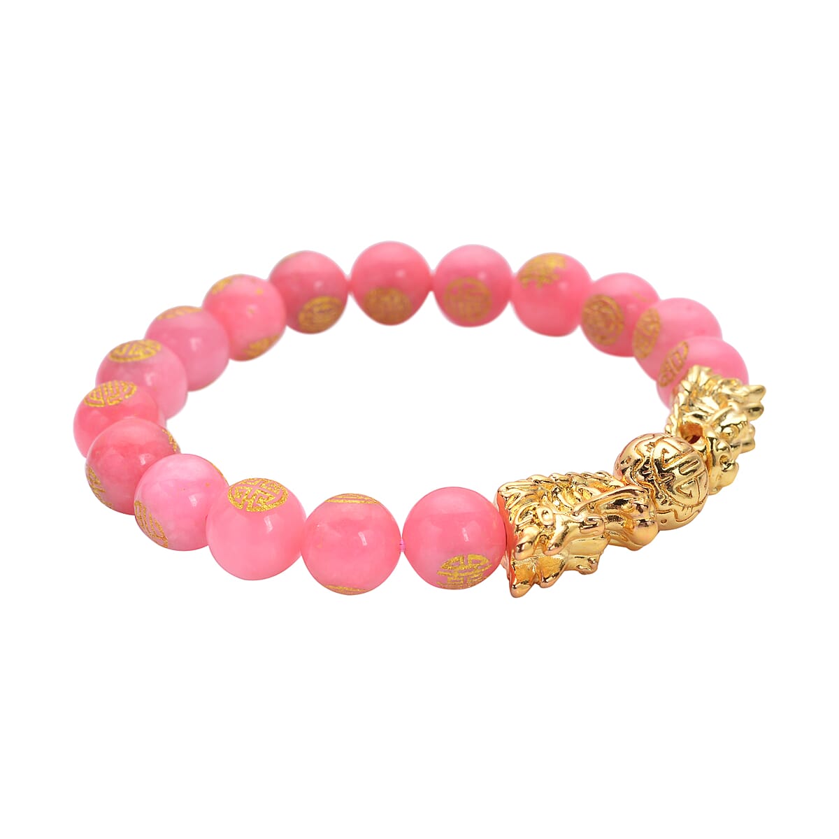 Pink Jade Carved Feng Shui Dragon Stretch Bracelet in Goldtone 112.00 ctw image number 3