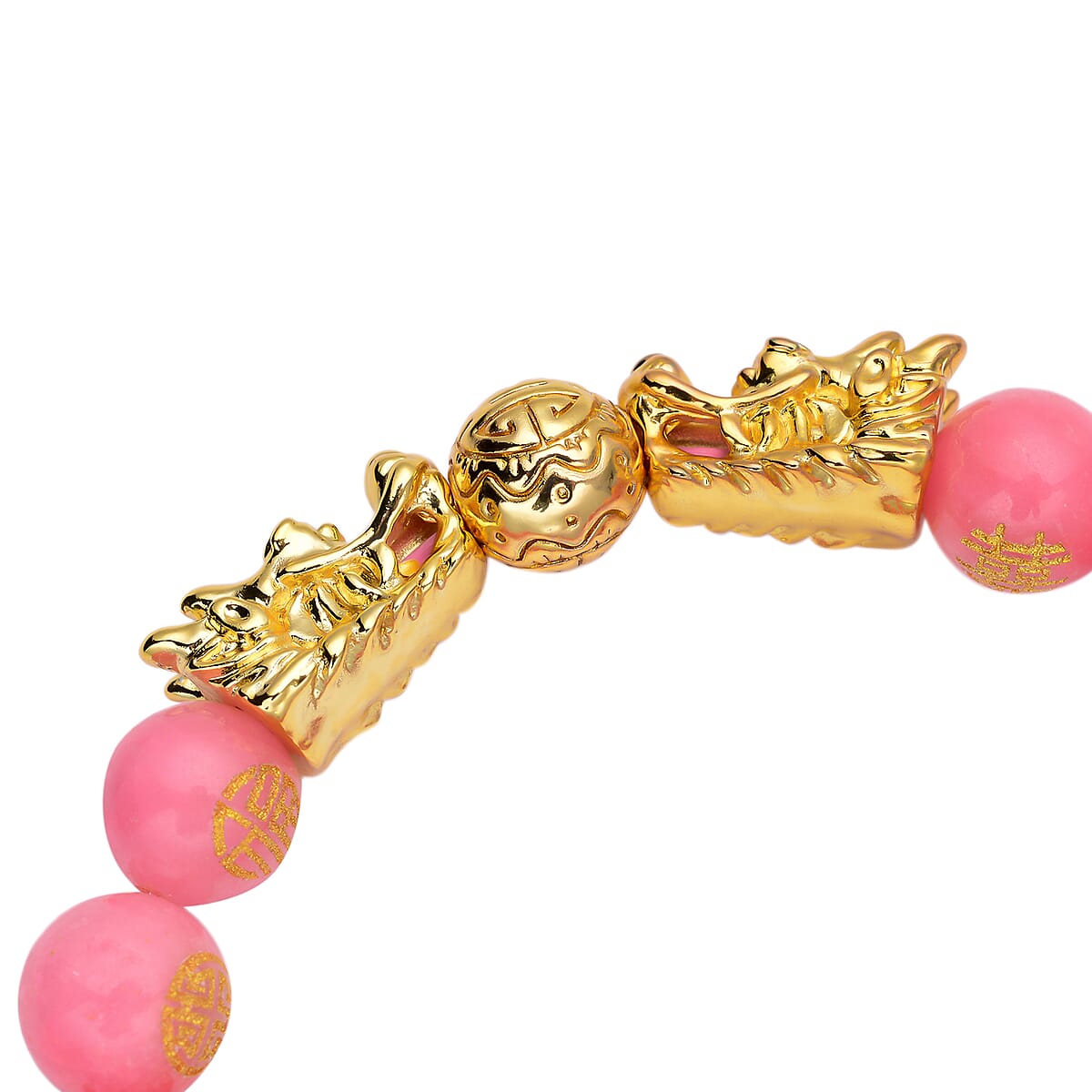 Pink Jade Carved Feng Shui Dragon Stretch Bracelet in Goldtone 112.00 ctw image number 4