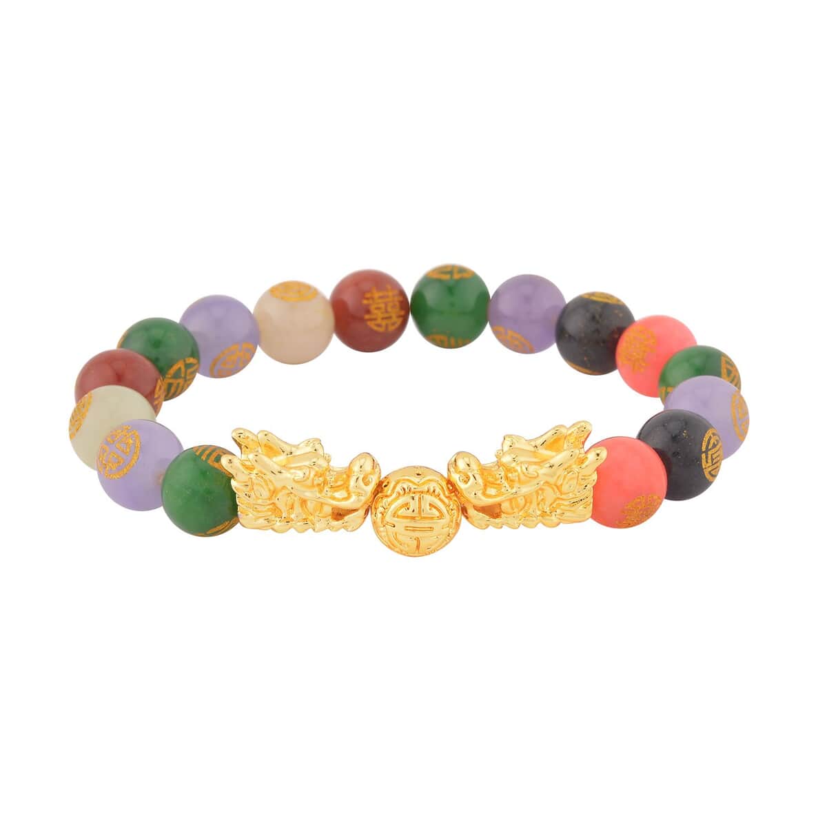 Multi Color Jade (D) Carved Feng Shui Dragon Stretch Bracelet in Goldtone 112.00 ctw image number 0