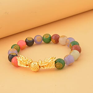 Multi Color Jade (D) Carved Feng Shui Dragon Stretch Bracelet in Goldtone 112.00 ctw