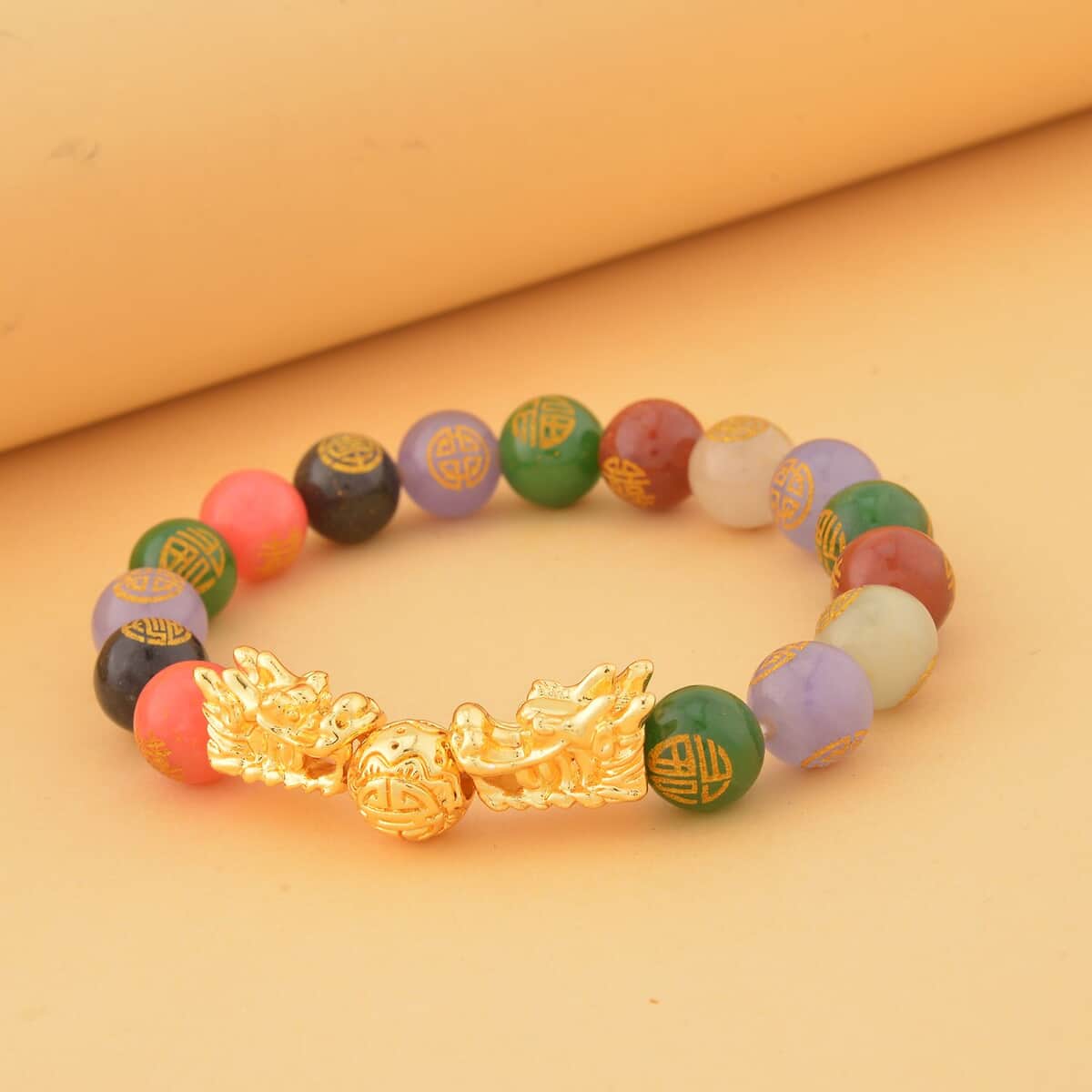 Multi Color Jade (D) Carved Feng Shui Dragon Stretch Bracelet in Goldtone 112.00 ctw image number 1