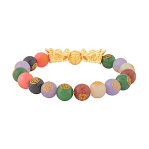 Multi Color Jade (D) Carved Feng Shui Dragon Stretch Bracelet in Goldtone 112.00 ctw
