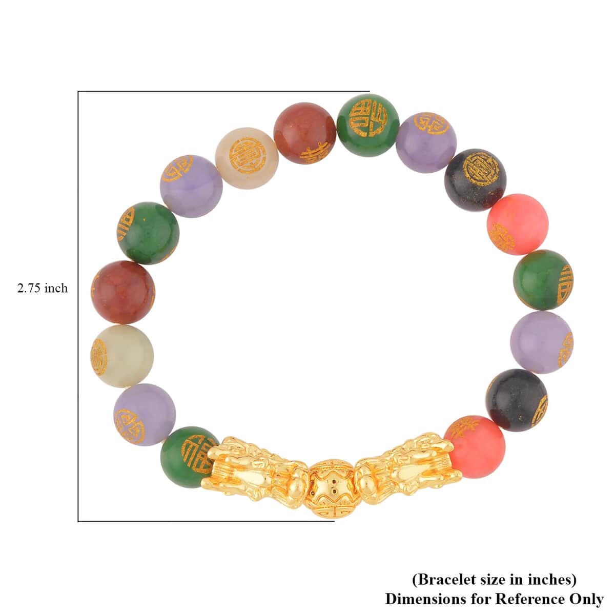 Multi Color Jade (D) Carved Feng Shui Dragon Stretch Bracelet in Goldtone 112.00 ctw image number 3