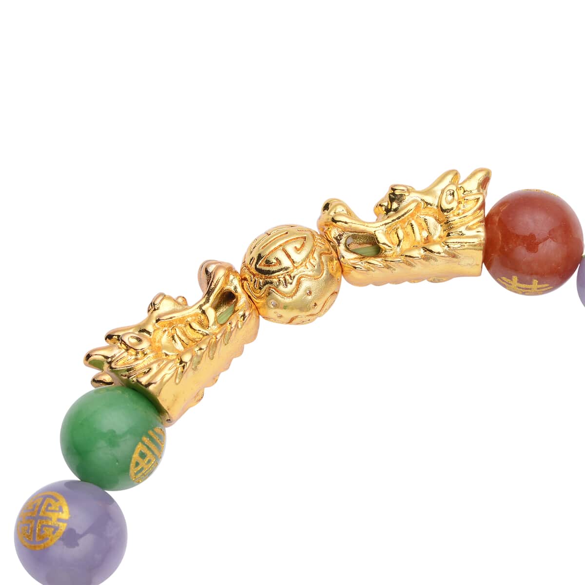 Multi Color Jade (D) Carved Feng Shui Dragon Stretch Bracelet in Goldtone 112.00 ctw image number 4