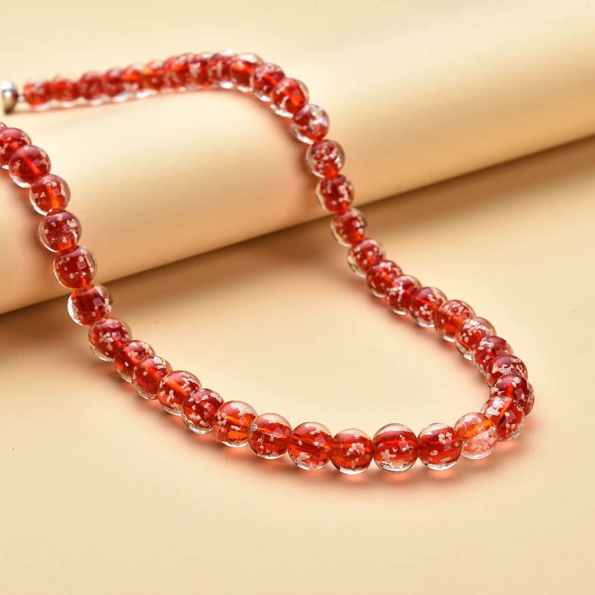 Ankur Treasure Chest Red Color Glow Murano Style Beaded Necklace in Silvertone 20 Inches image number 1