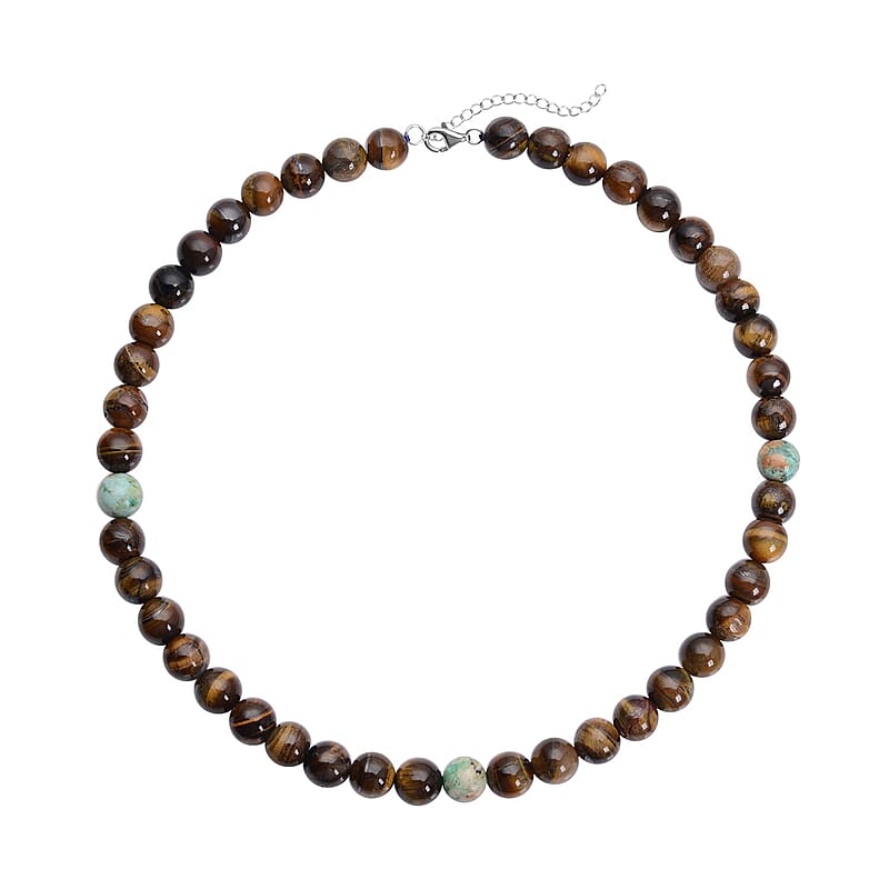 Yellow Tiger's Eye Necklace, Peru Turquoise Necklace, 18 Inches Necklace, Sterling Silver Necklace, Beaded Necklace, Lobster Claw Clasp Necklace 353.50 ctw