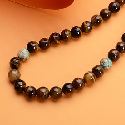 Yellow Tiger's Eye Necklace, Peru Turquoise Necklace, 18 Inches Necklace, Sterling Silver Necklace, Beaded Necklace, Lobster Claw Clasp Necklace 353.50 ctw