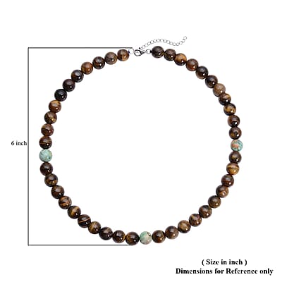 Yellow Tiger's Eye Necklace, Peru Turquoise Necklace, 18 Inches Necklace, Sterling Silver Necklace, Beaded Necklace, Lobster Claw Clasp Necklace 353.50 ctw