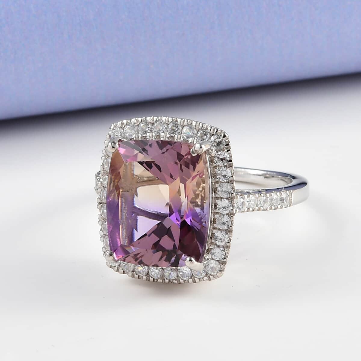 Premium Anahi Ametrine and Natural White Zircon Halo Ring in Platinum Over Sterling Silver 6.15 ctw image number 1