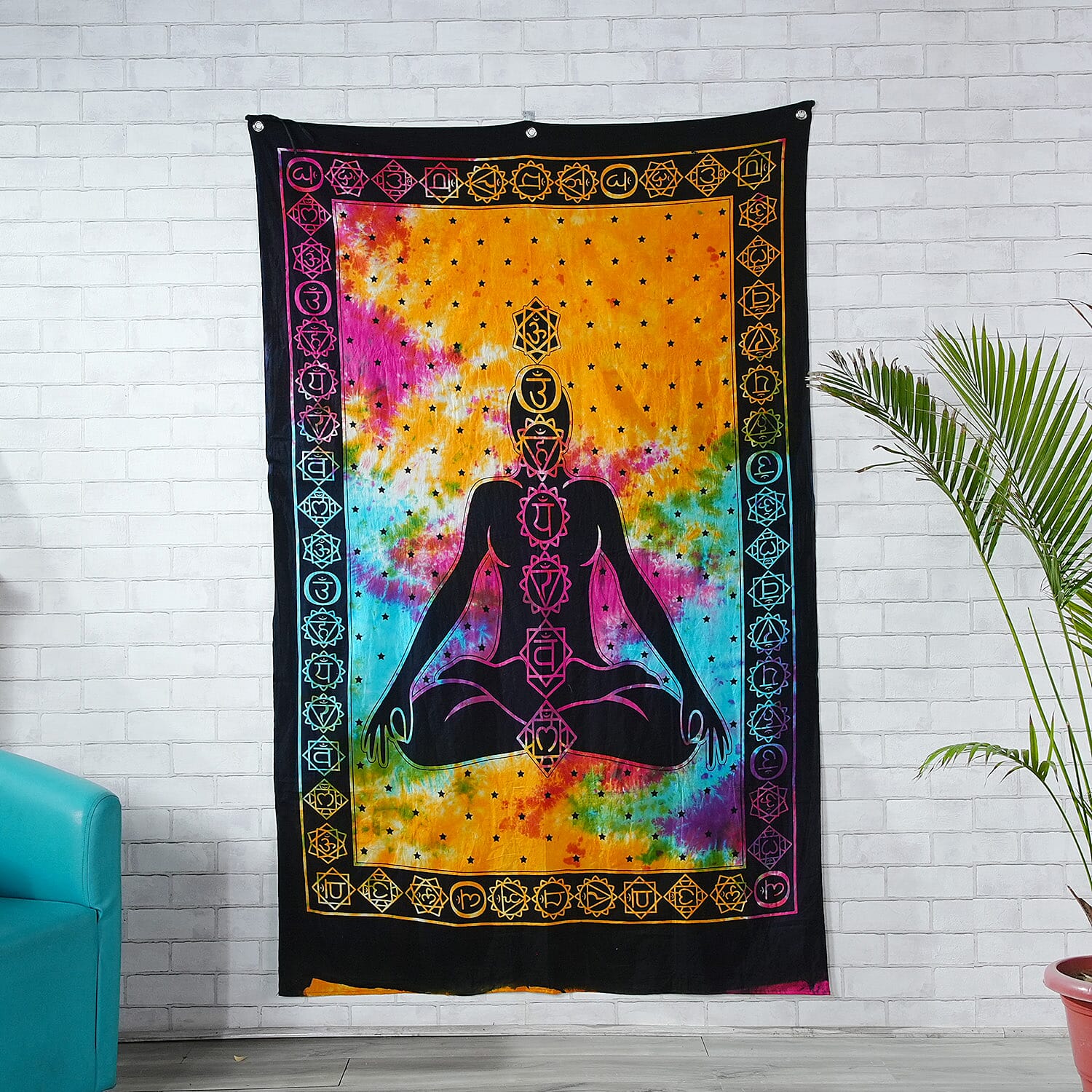 Multi Color Cotton Yoga or Meditation Screen Printed Tie Dye Tapestry Wall Hanging