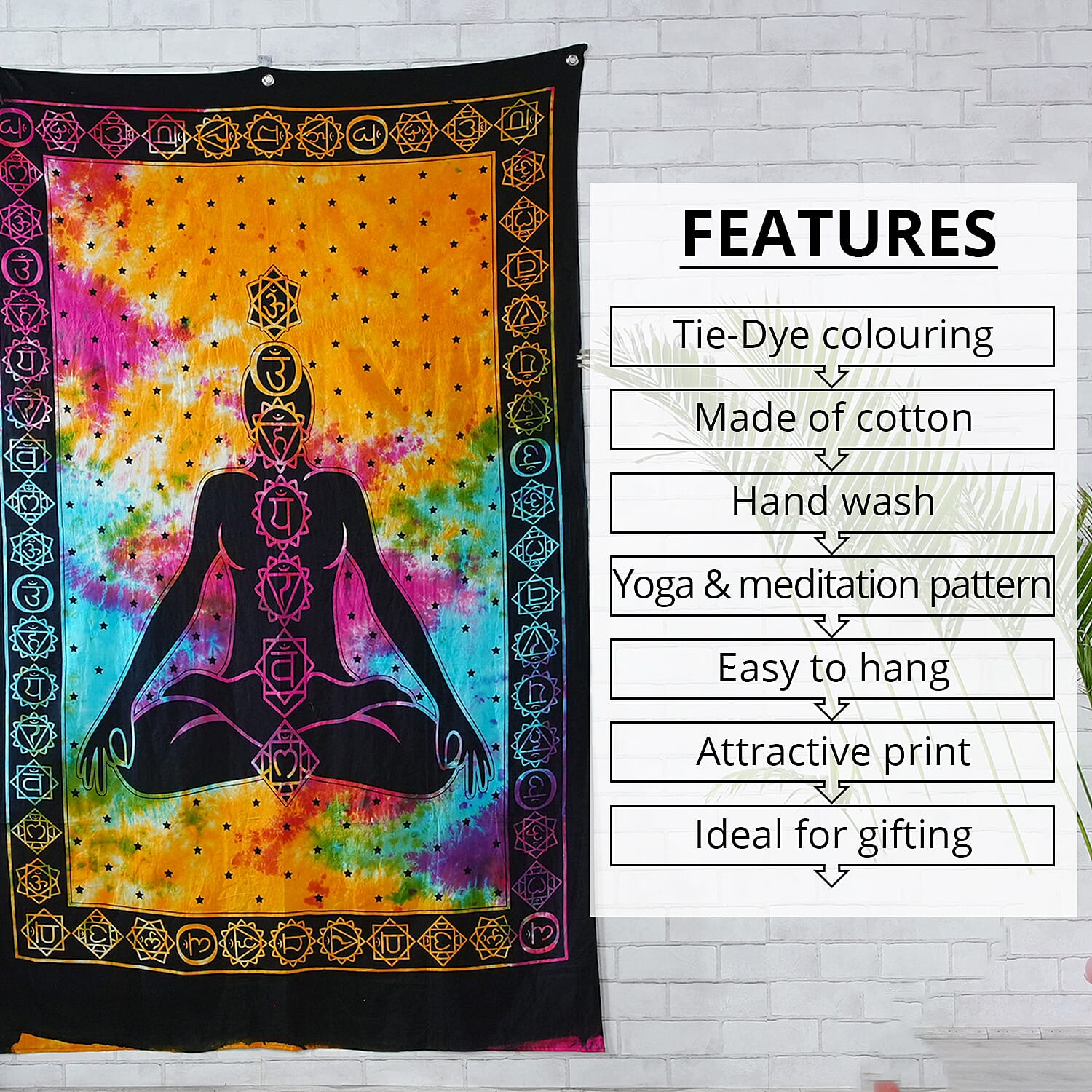 Multi Color Cotton Yoga or Meditation Screen Printed Tie Dye Tapestry Wall Hanging