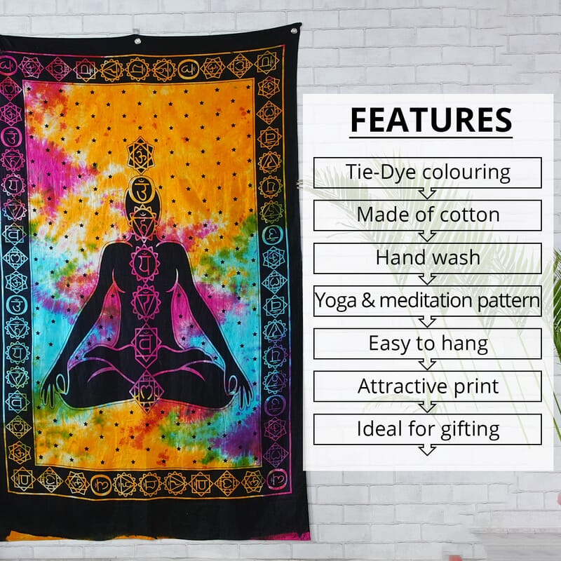 Multi Color Cotton Yoga or Meditation Screen Printed Tie Dye Tapestry Wall Hanging