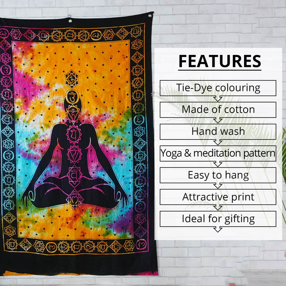 Multi Color Cotton Yoga or Meditation Screen Printed Tie Dye Tapestry Wall Hanging image number 2