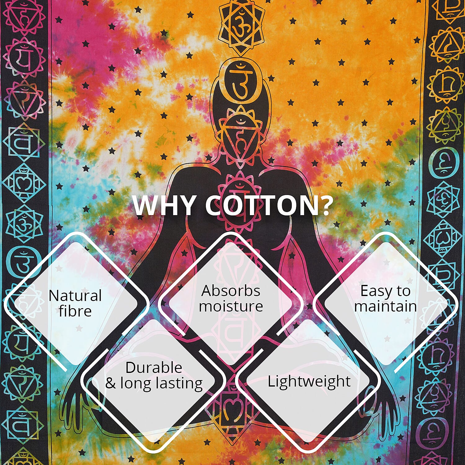 Multi Color Cotton Yoga or Meditation Screen Printed Tie Dye Tapestry Wall Hanging