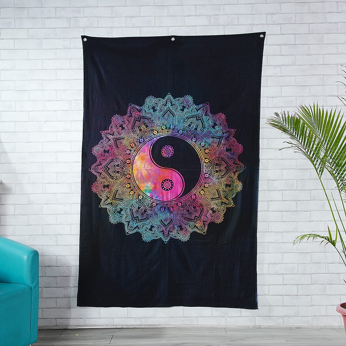 Multi Color Cotton Yin Yang Screen Printed Tie Dye Tapestry Wall Hanging image number 1