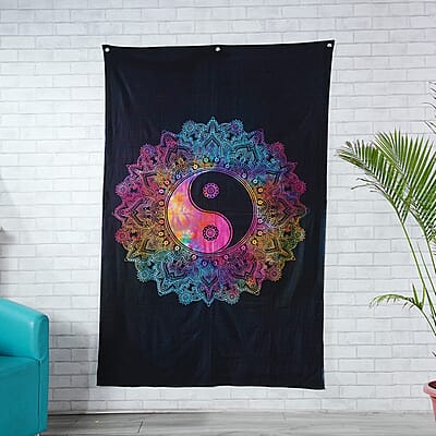 Multi Color Cotton Yin Yang Screen Printed Tie Dye Tapestry Wall Hanging