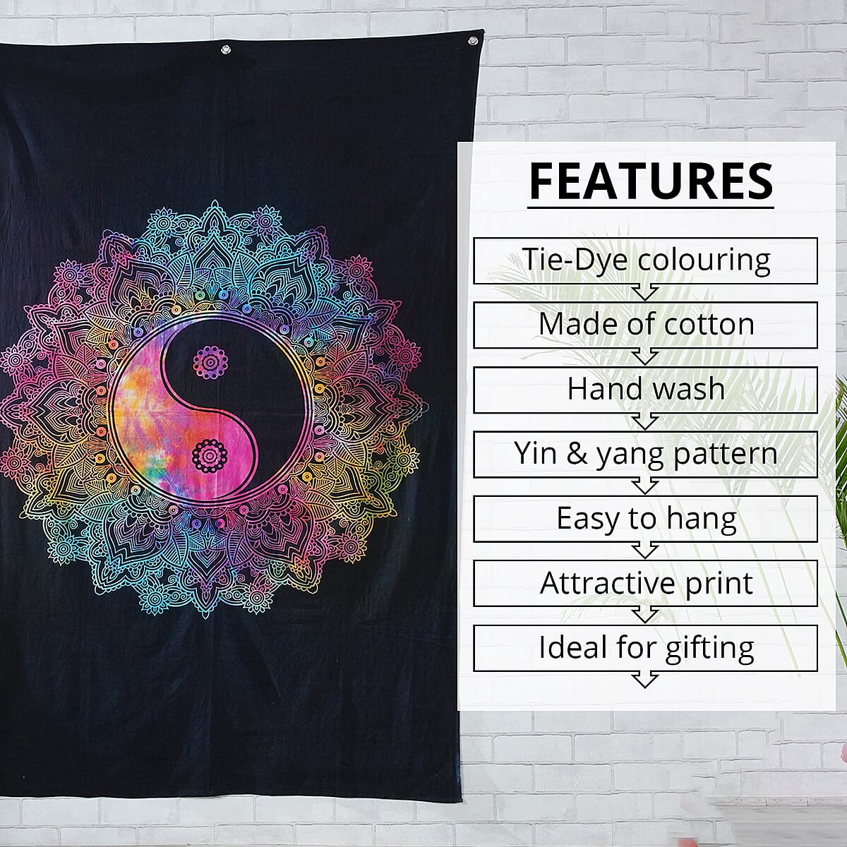 Multi Color Cotton Yin Yang Screen Printed Tie Dye Tapestry Wall Hanging image number 2