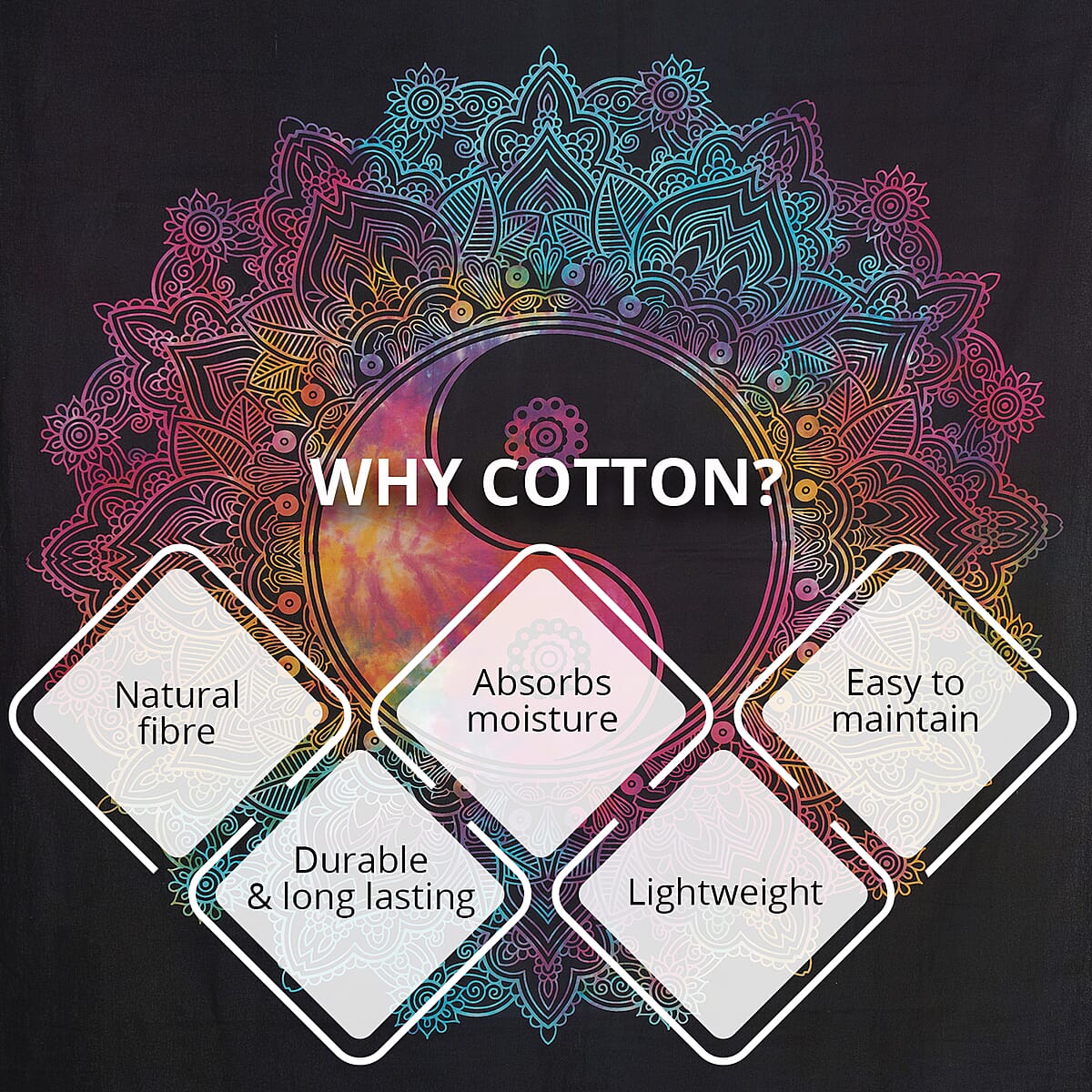 Multi Color Cotton Yin Yang Screen Printed Tie Dye Tapestry Wall Hanging image number 3