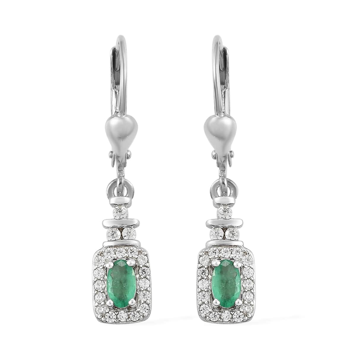 AAA Kagem Zambian Emerald and Natural White Zircon Lever Back Earrings in Platinum Over Sterling Silver 0.90 ctw image number 0