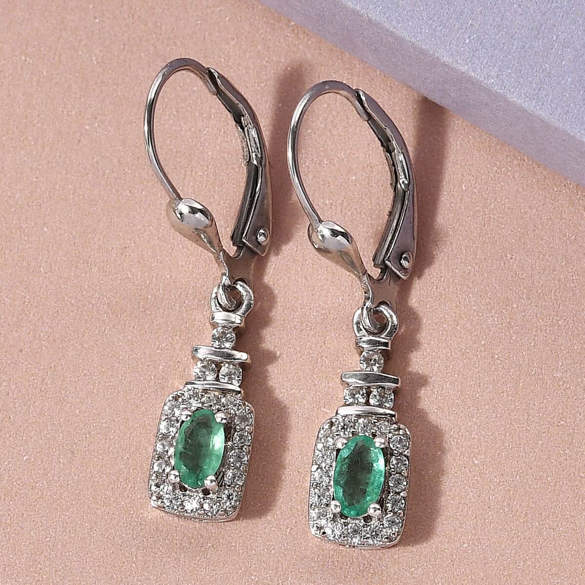 AAA Kagem Zambian Emerald and Natural White Zircon Lever Back Earrings in Platinum Over Sterling Silver 0.90 ctw image number 1